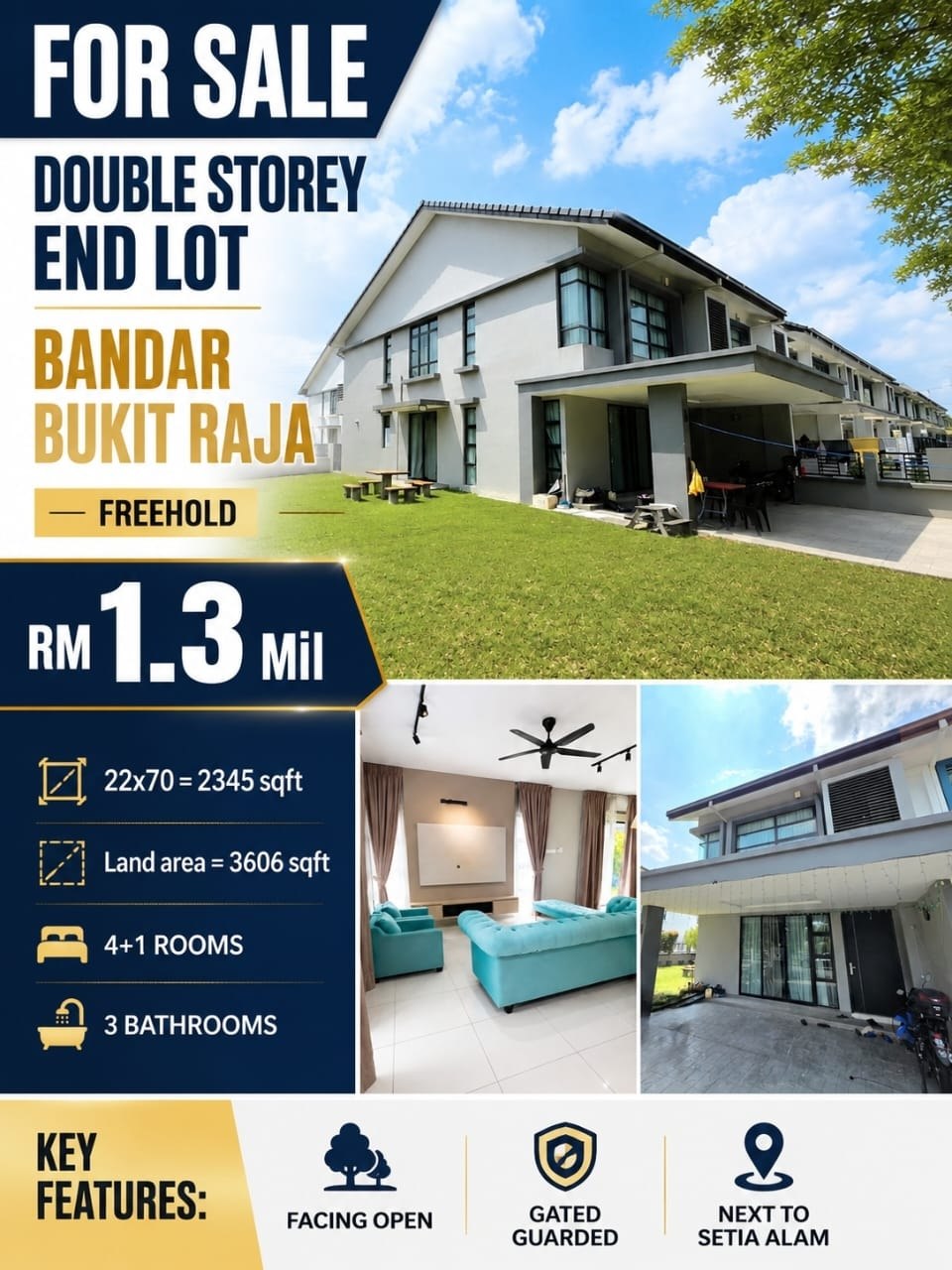 FOR SALE | BANDAR BUKIT RAJA  ‼️ FREEHOLD DOUBLE STOREY END LOT ‼️  ‼️RARE END LOT‼️ • FACING OPEN (TASIK) 