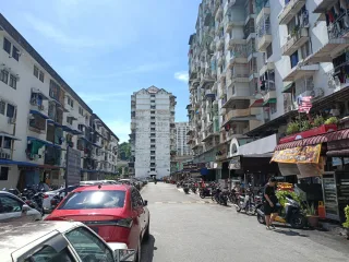 Street view of low-rise flats and high-rise blocks at Desa Intan, Ayer Itam