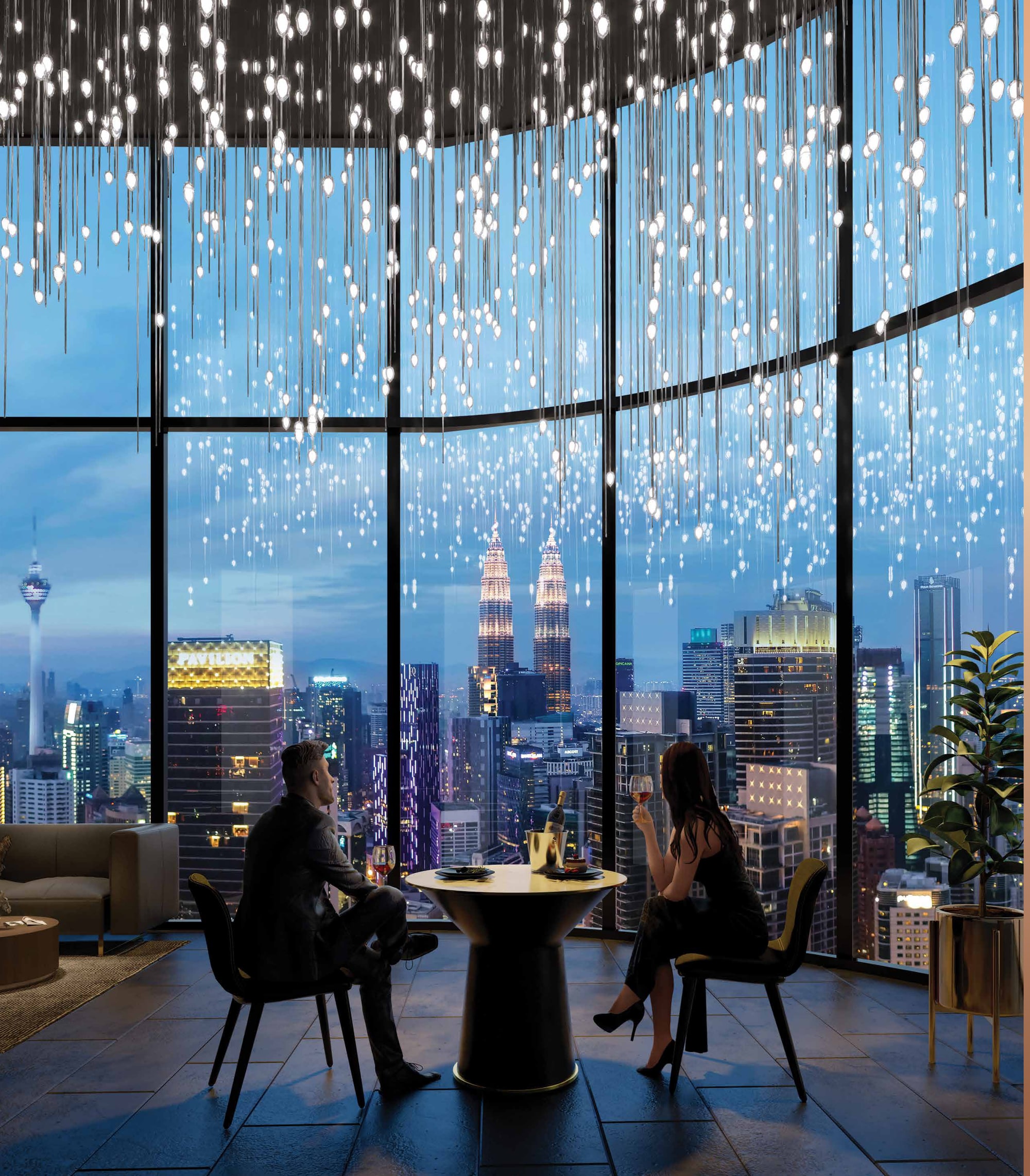 The Aurora on Level 43 — fine dining behind a full-height curved window, the Twin Towers and KL Tower dead ahead