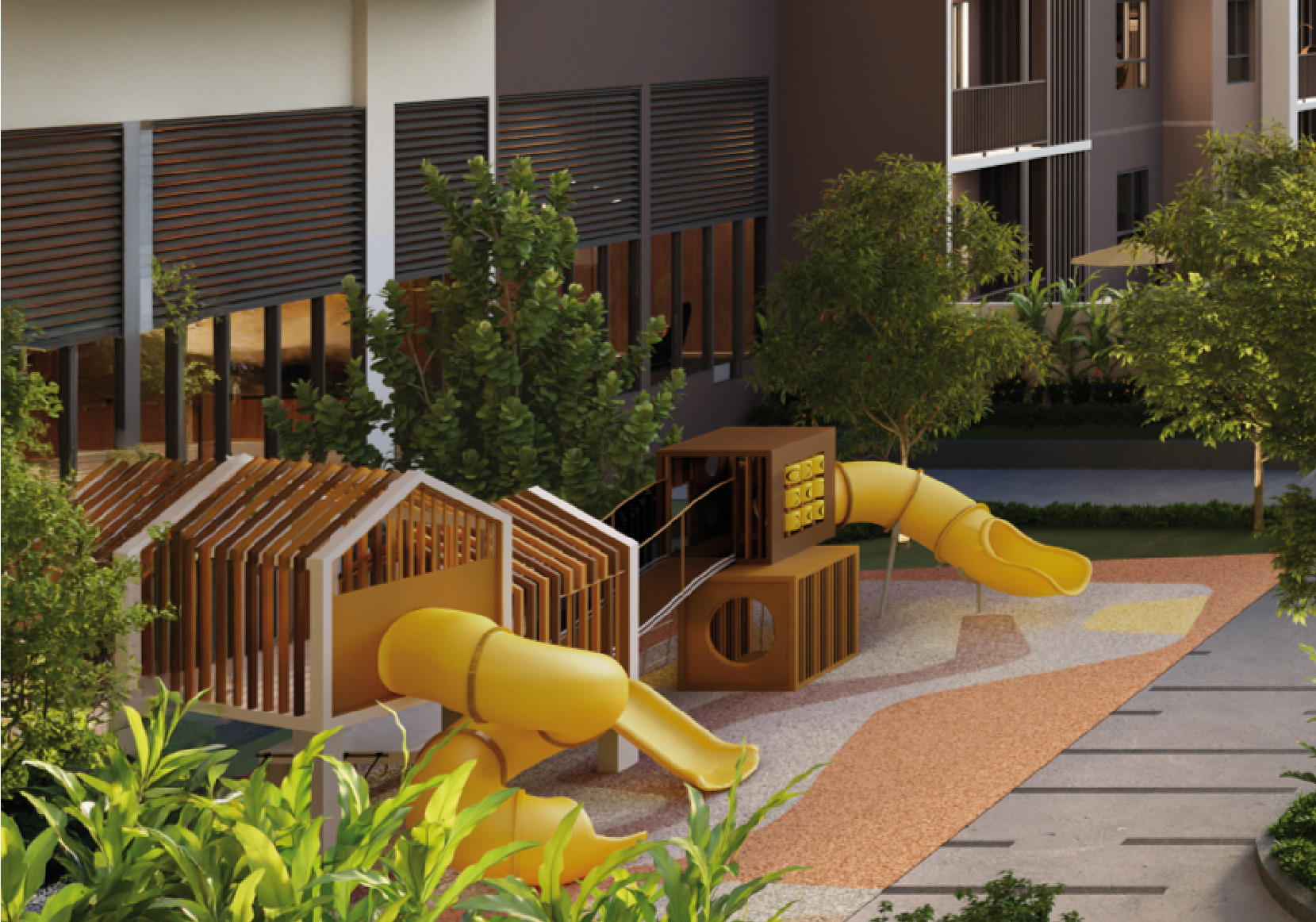 The children's playground, set between the blocks and the pool deck