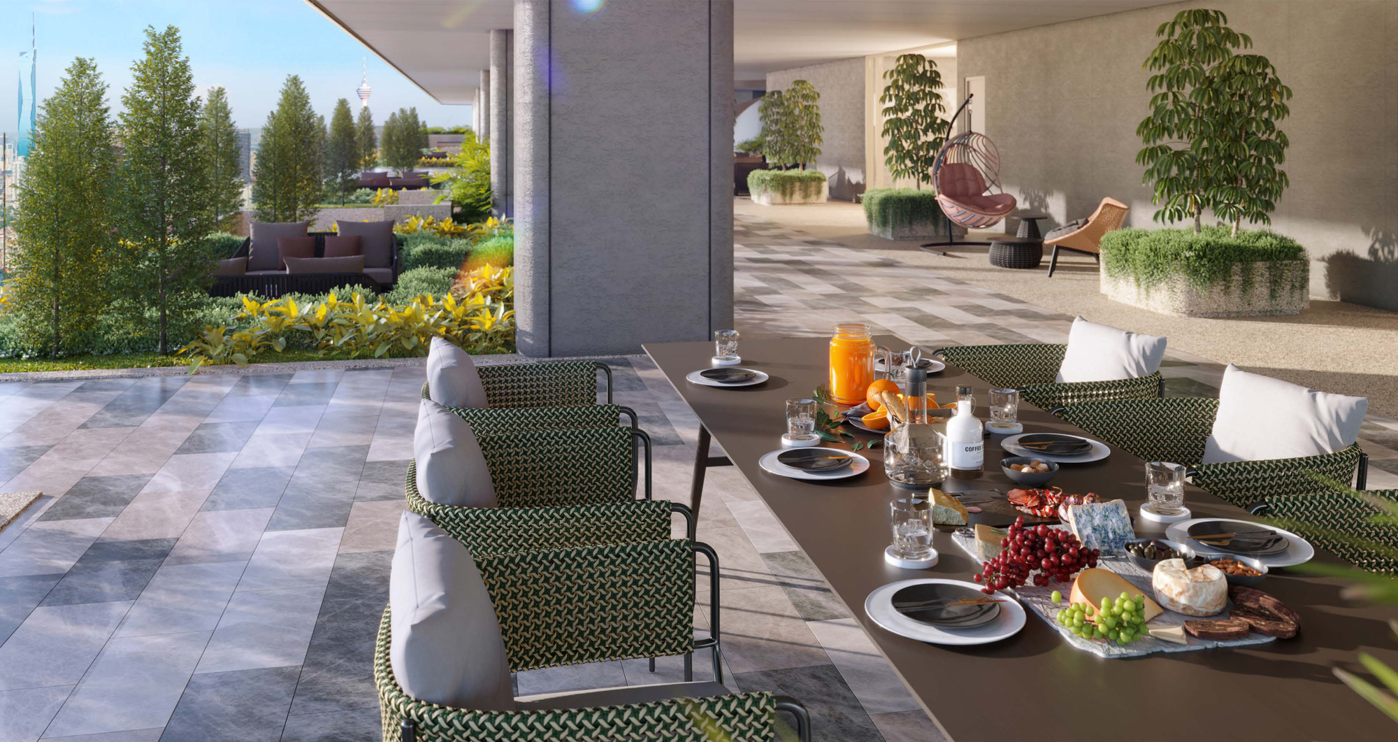 The Sky Garden at Level 66 — a sheltered dining terrace under the slab, mature planting in raised beds, and the KL Tower visible through the trees on the open side