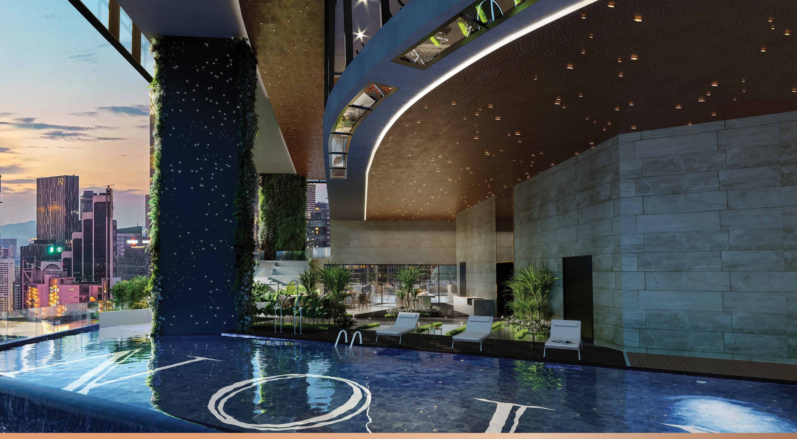 The Aquarius on Level 9 — the infinity lap pool under the cantilevered clubhouse, with the starlit column and the living wall the brochure photographs