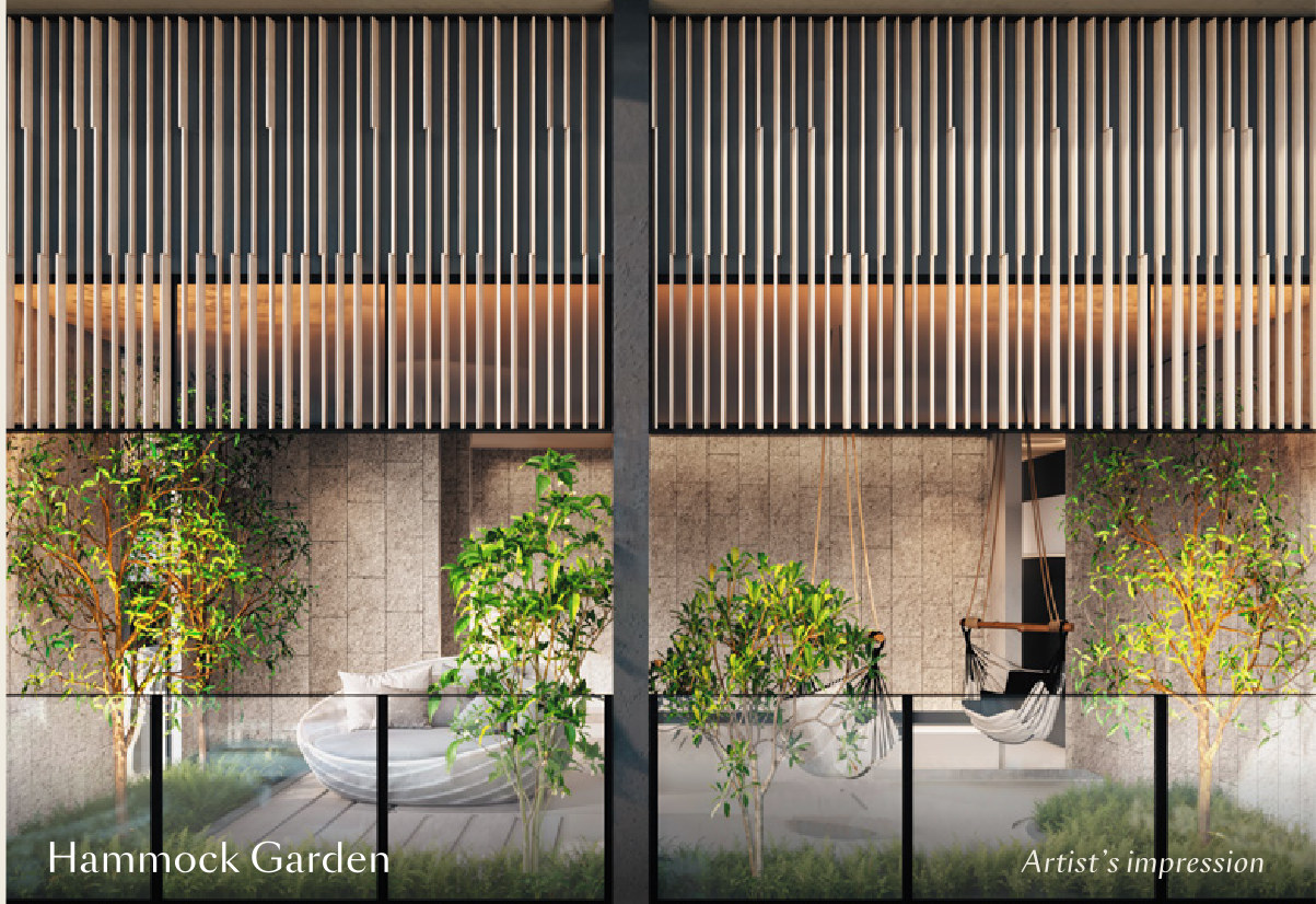 The Hammock Garden on Level 43, cut into the tower's edge