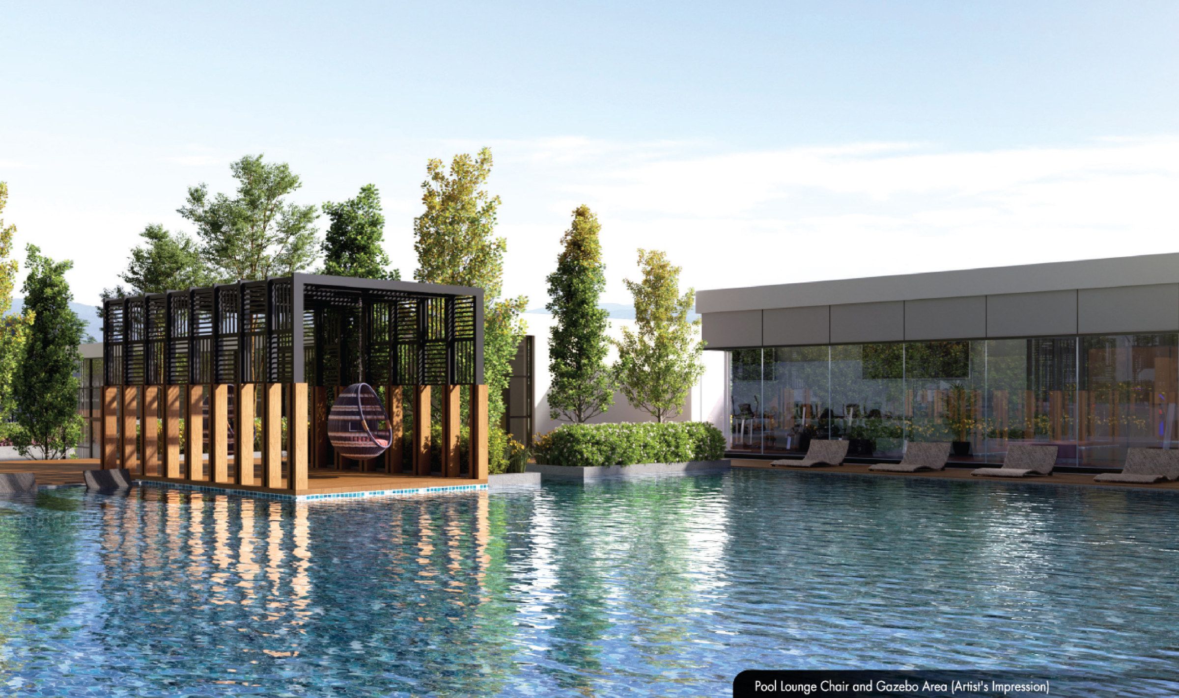 Pool lounge chairs and the gazebo, with the gym running along the deck behind them