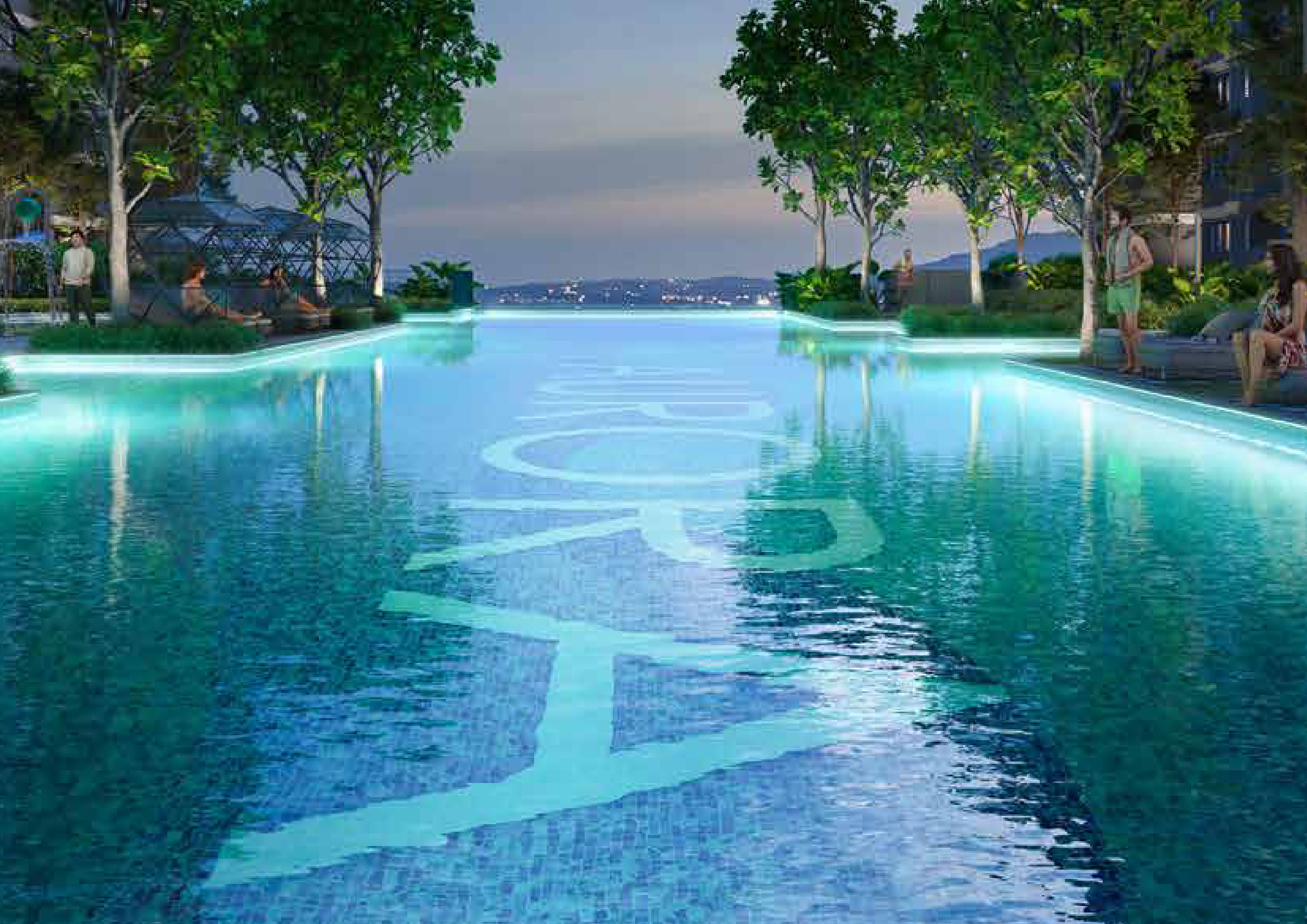 The 50 m lap pool on the podium deck, looking out over the city
