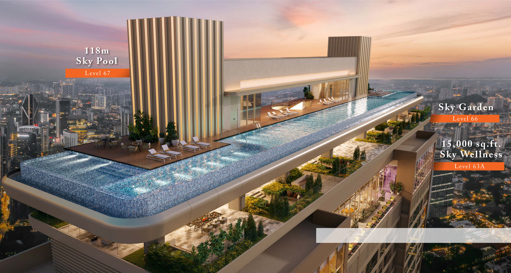The 118-metre Sky Pool on Level 67, wrapping two sides of the crown above the city, with the Sky Garden on Level 66 and the Sky Wellness floor on Level 63A stepping down beneath it
