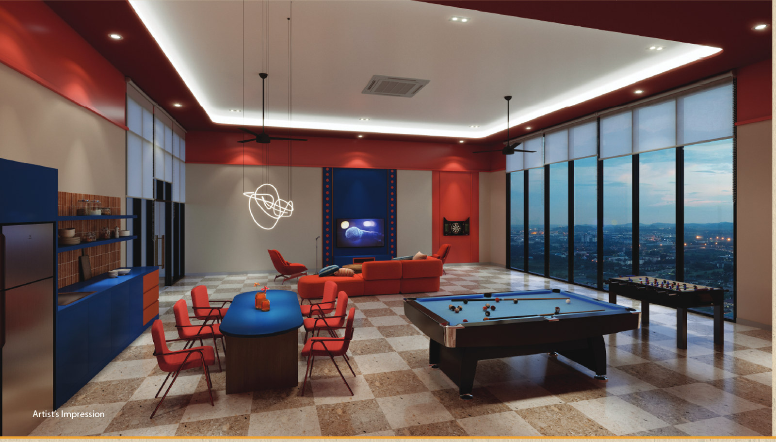 Evia Arcade on Level 9 — the pool table, foosball and lounge, glazed the full length of the city side