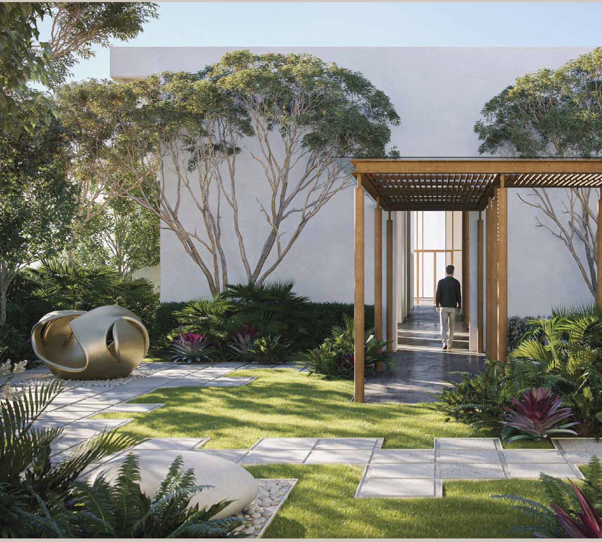 The rooftop garden — lawn, stone paving and a timber pergola leading back to the lift lobby
