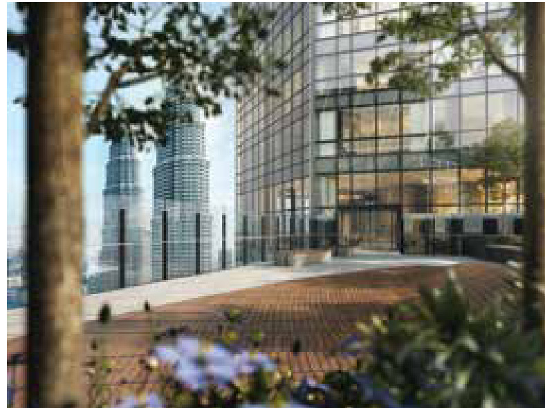 Tower 1 — the sky garden, numbered 1 on the brochure's own facility key, with the planted terrace running out to the glazing and the towers of the Golden Triangle beyond
