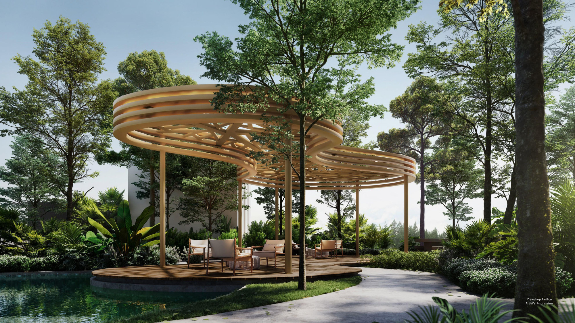 Dewdrop Pavilion, the shaded timber canopy at the quiet end of the deck