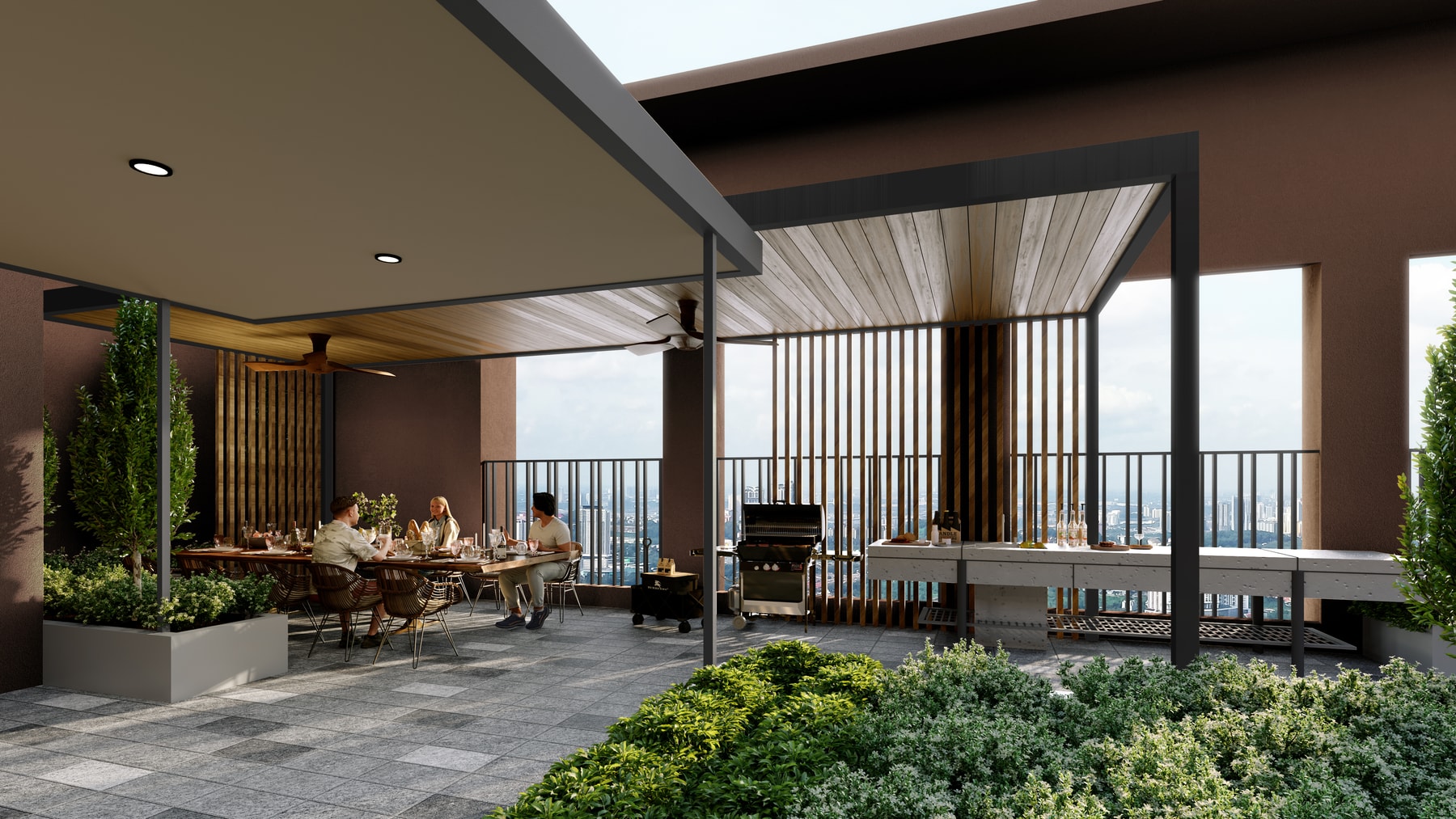 The Grill Garden on Level 57, fifty-seven floors up, with the barbecue counters under the pergola