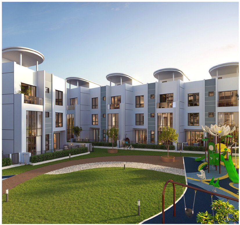 The seven town villas facing their own lawn and the children's playground, each three storeys with a private garden