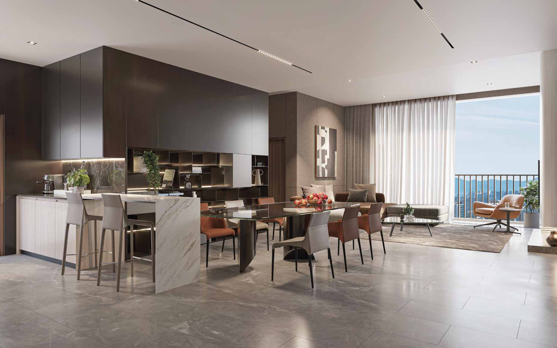 Open kitchen and dining in the larger layouts