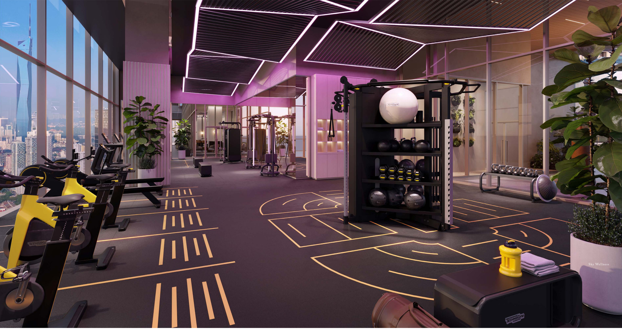 Sky Wellness at Level 63A — 15,000 sq ft of fitness on one glazed floor, cardio along the window wall, a rig and free weights through the middle, and studio space beyond