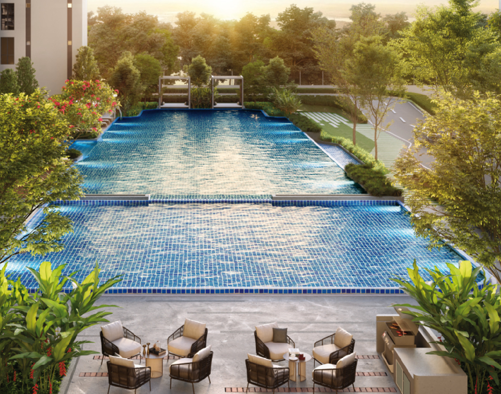 The swimming pool and wading pool, with the poolside deck and BBQ area in front