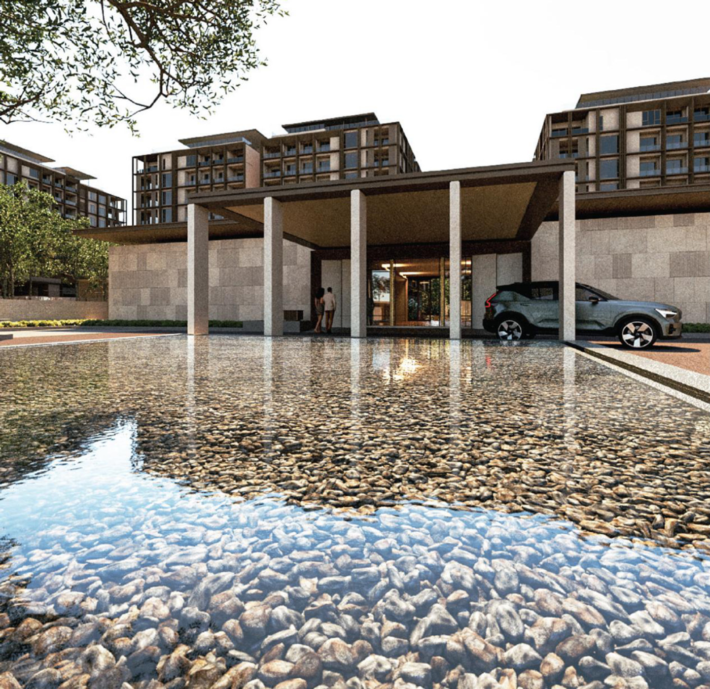 The arrival court, seen across the reflecting pool at the main entrance