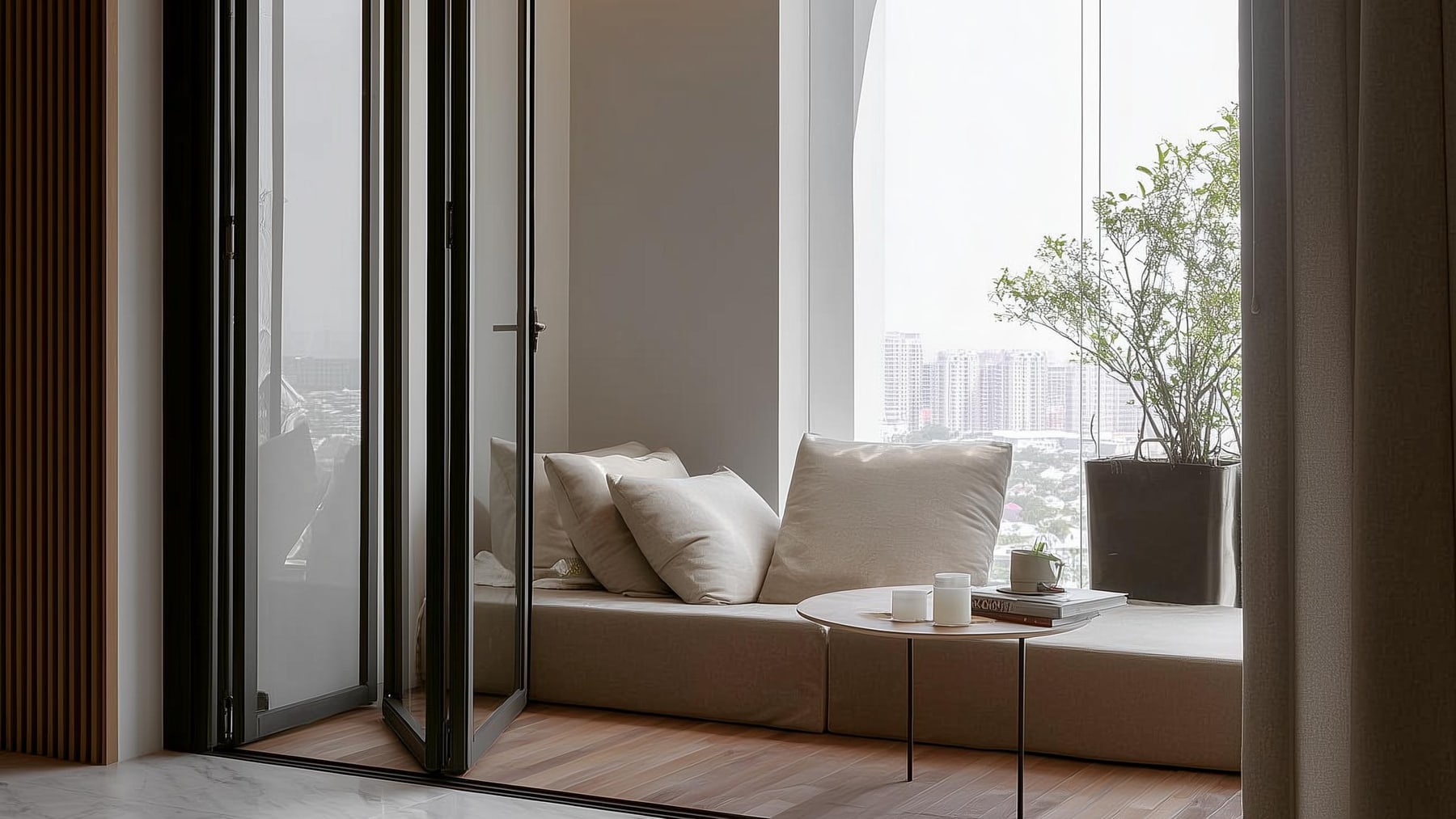 Lanai and window seat, opening to the city beyond