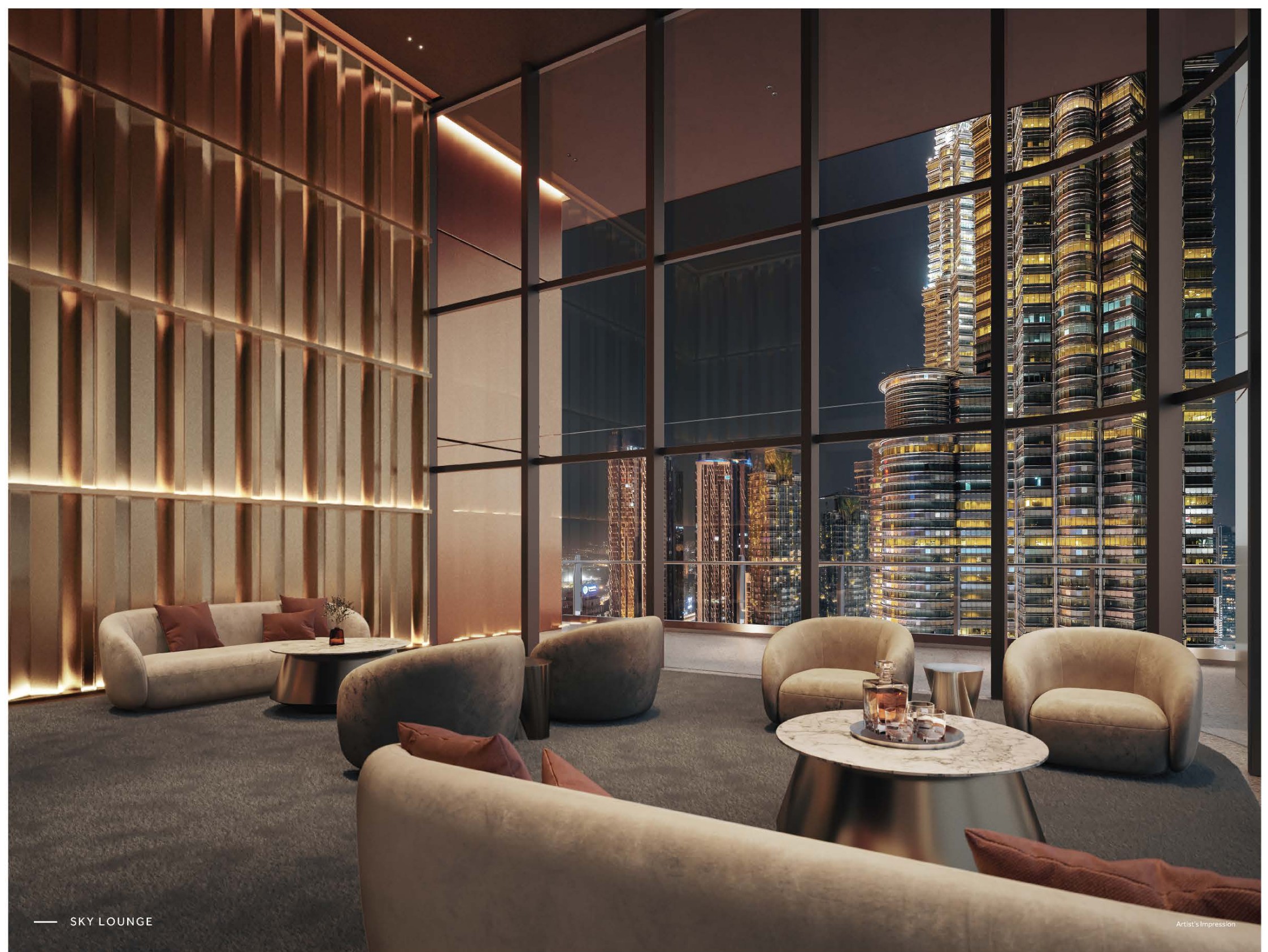 The sky lounge — a double-height fluted wall of light against full-height glass onto the KLCC skyline