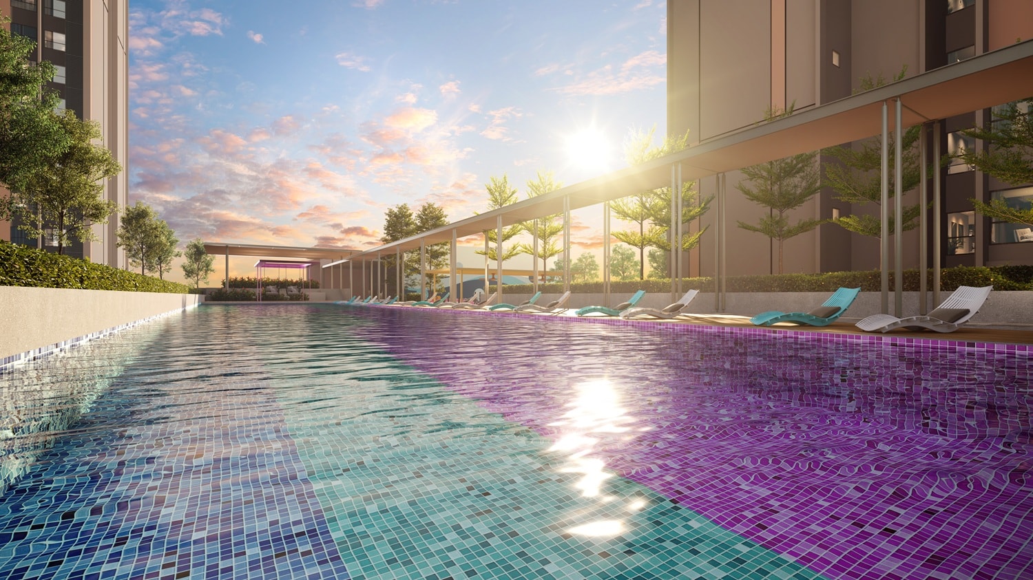The same pool at dusk — the tiling shifts from turquoise to violet along its length