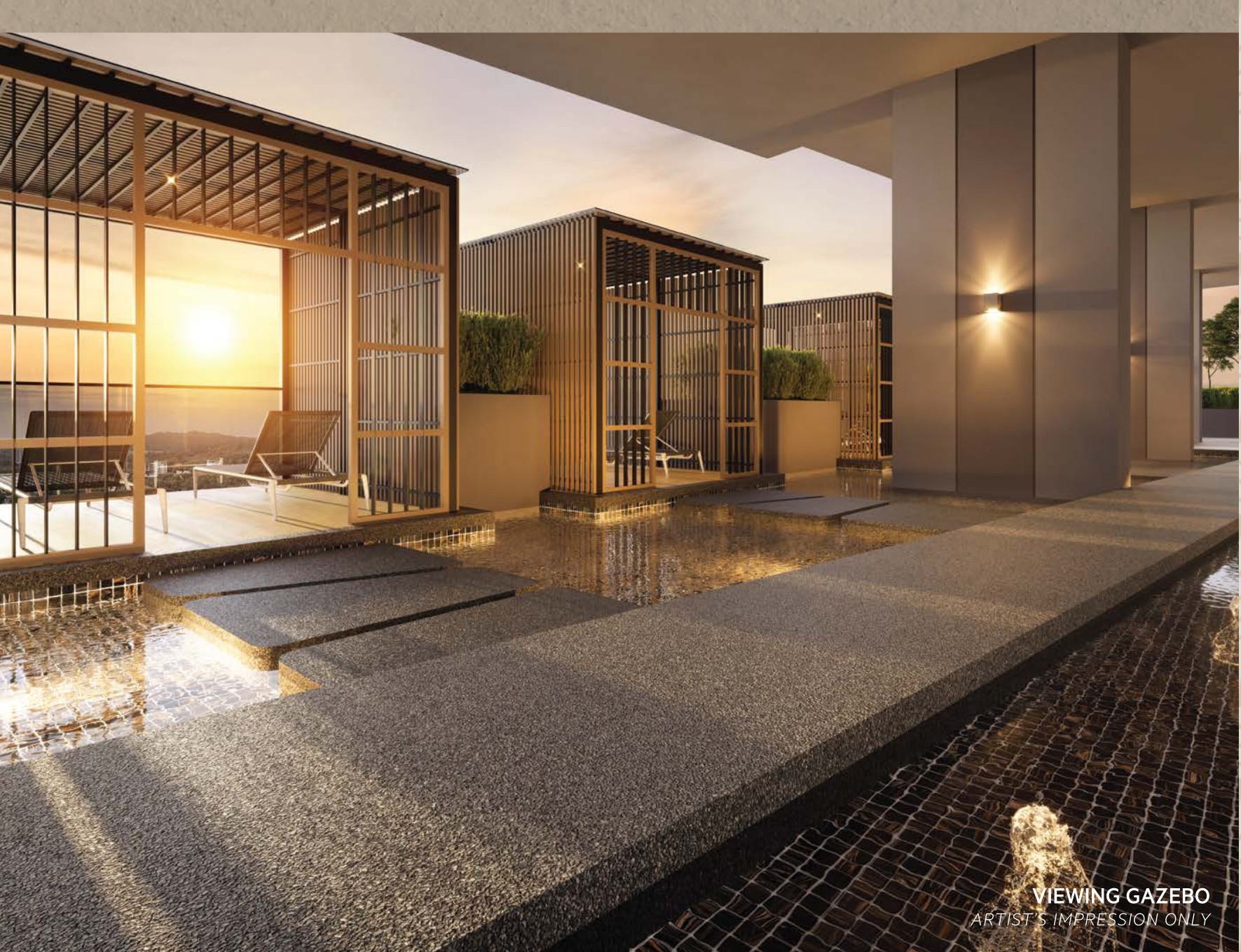 The viewing gazebo — a timber-screened room opening onto the water feature and its stepping stones