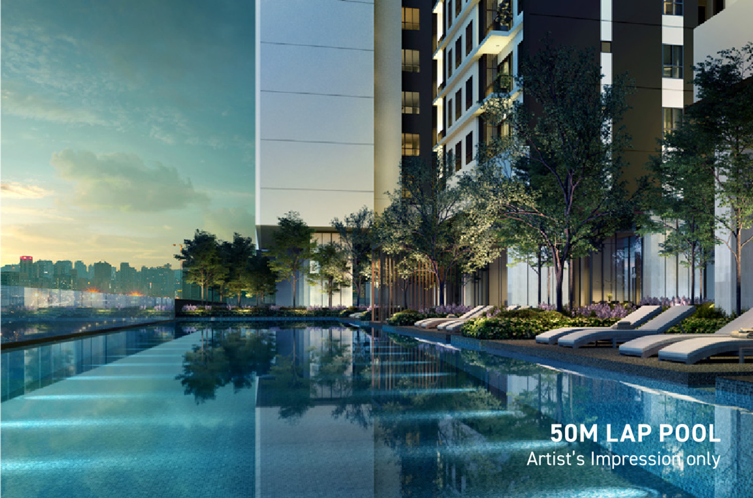 50m Lap Pool — the full-length swimming lane on the Level 9 podium deck, with loungers down one side and the tower glazing rising behind