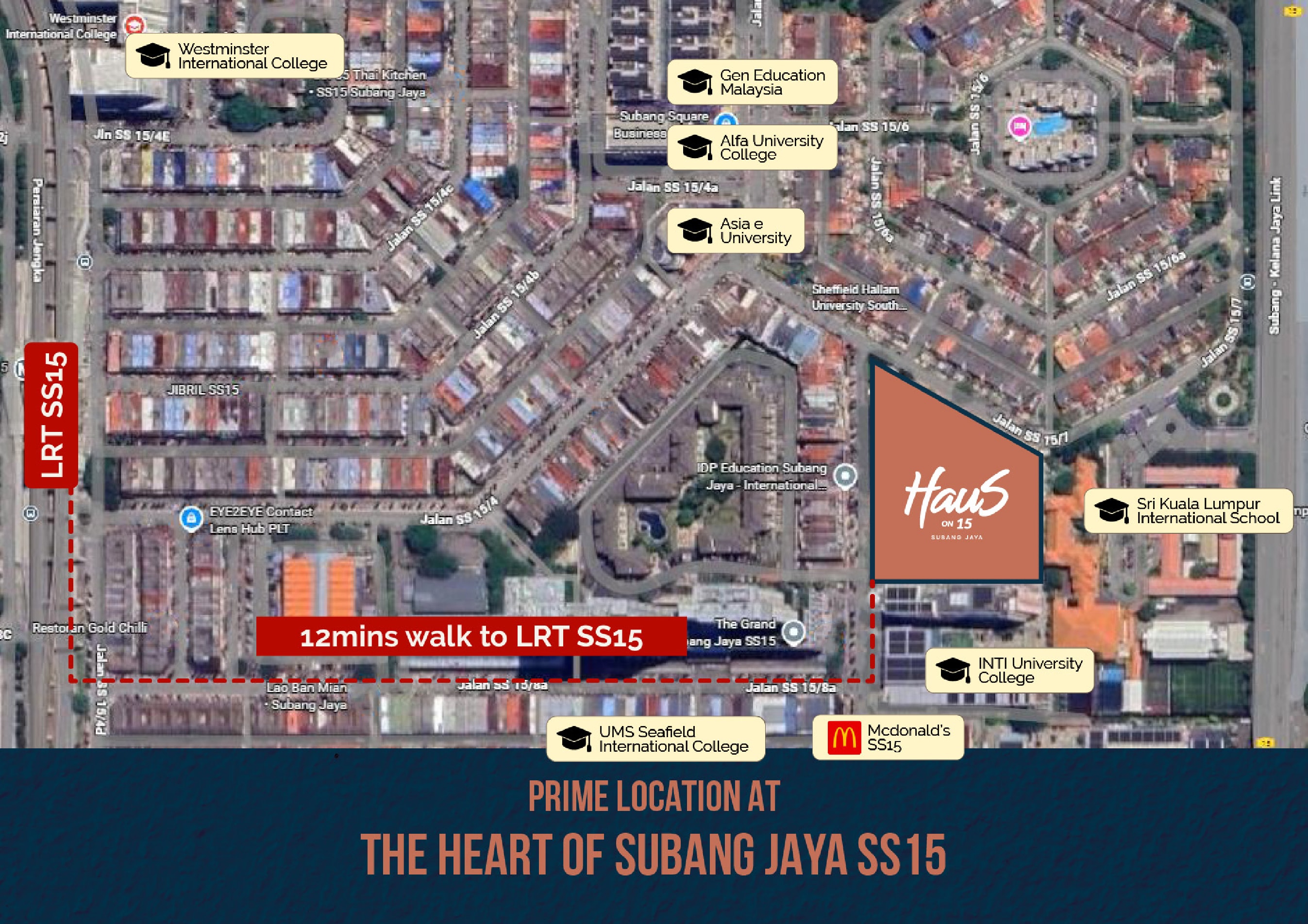 The site in red, on the block bounded by Jalan SS 15/8 and Jalan SS 15/7, with the twelve-minute walking route to SS15 LRT drawn in.