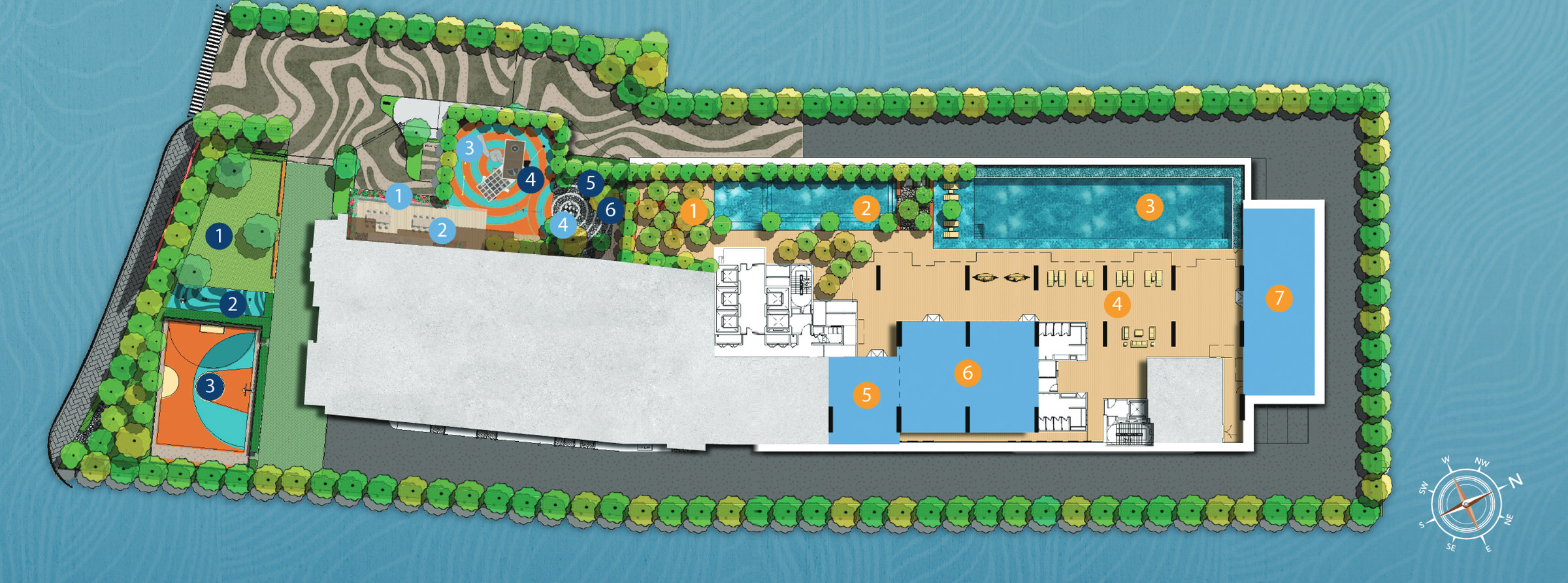 The developer's facility plan, with all three levels drawn over one another. The dark-blue numbers are the ground floor, the light-blue numbers Level 8, and the orange numbers the Level 9 deck — the long pool and the Little Lagoon run along its northwest edge, with the Flow Hall on the end.