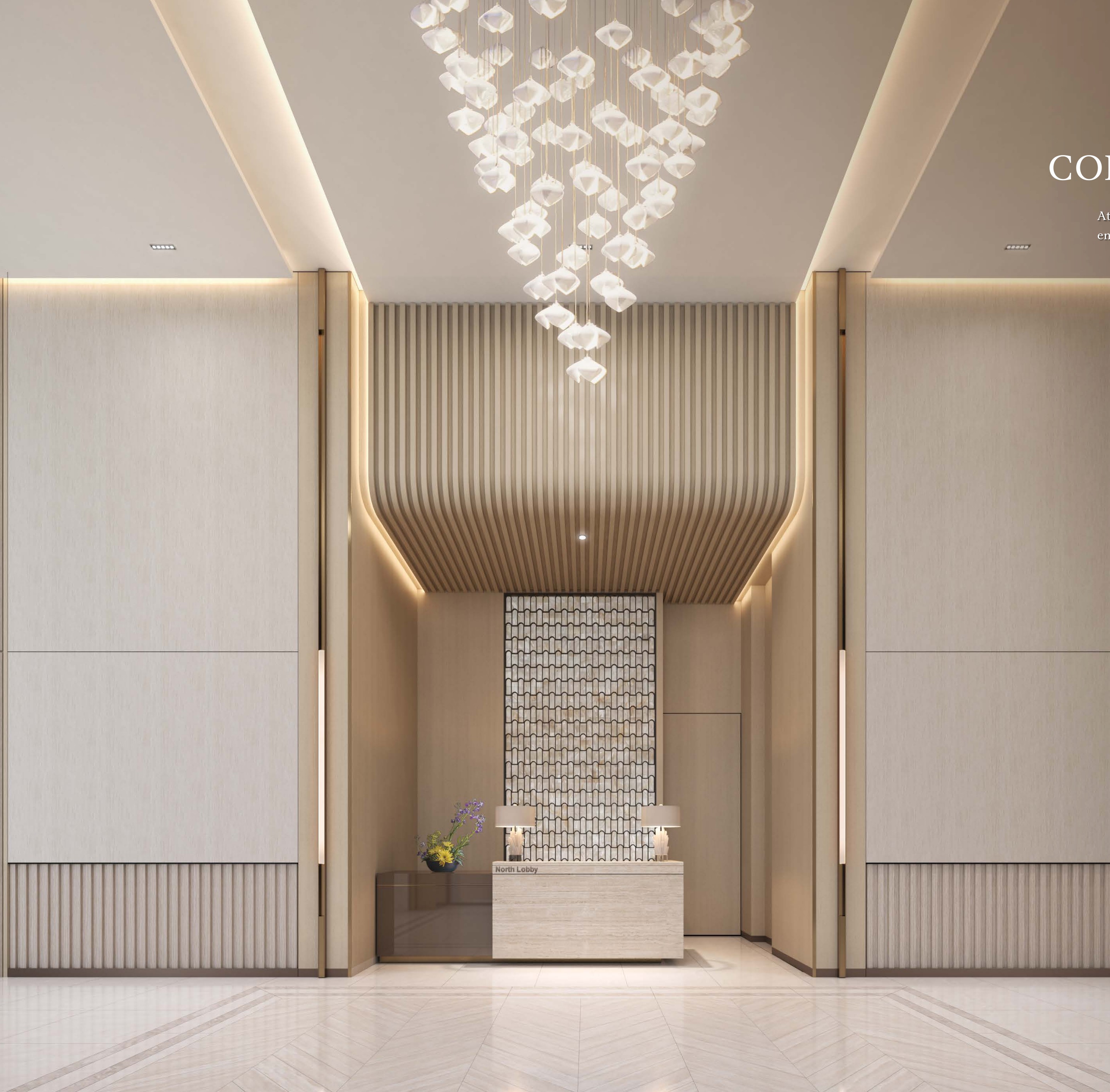 Imperial Residences — the north lobby, double-volume with a concierge desk; Pavilion Concierge Services are extended to residents