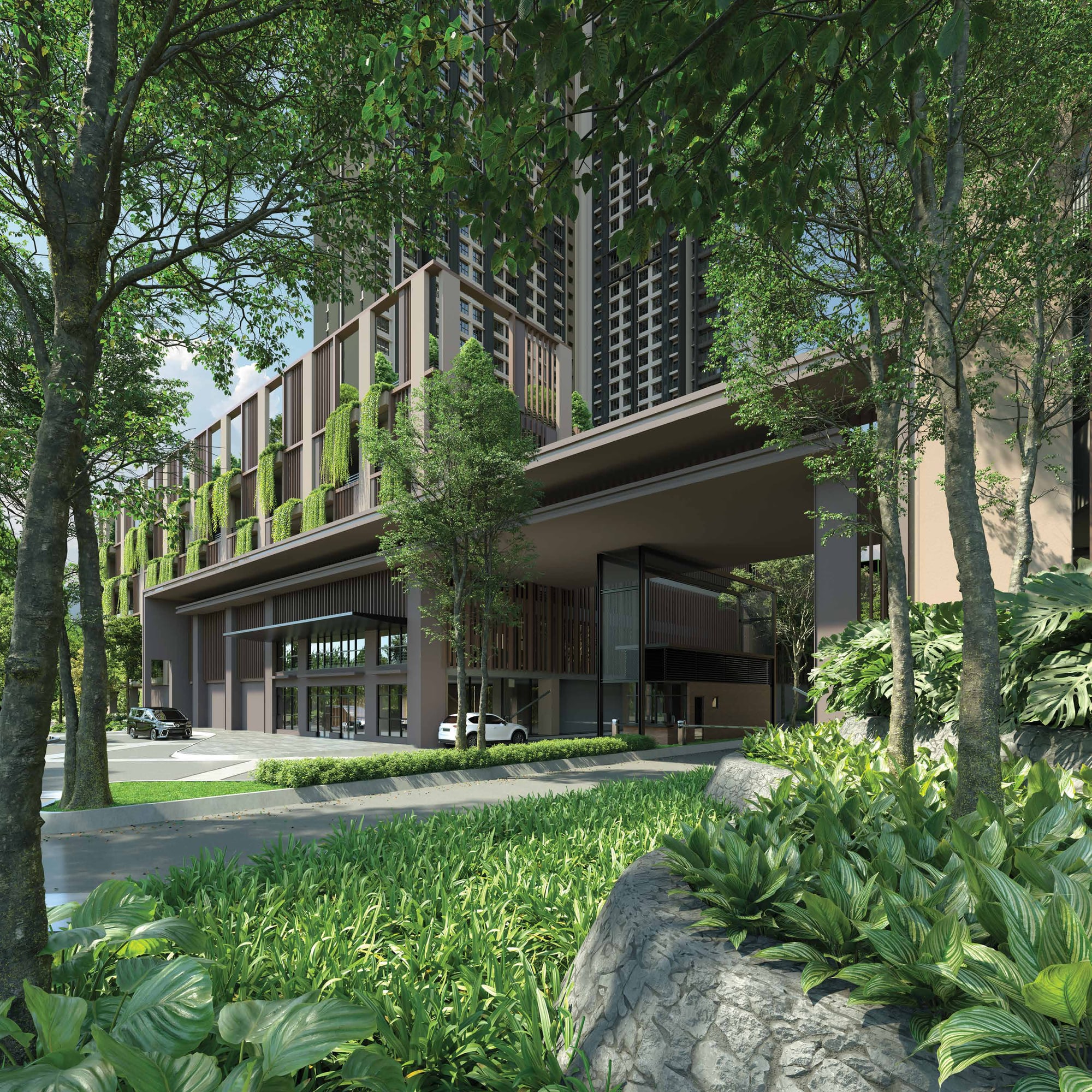 The retail podium and residential arrival