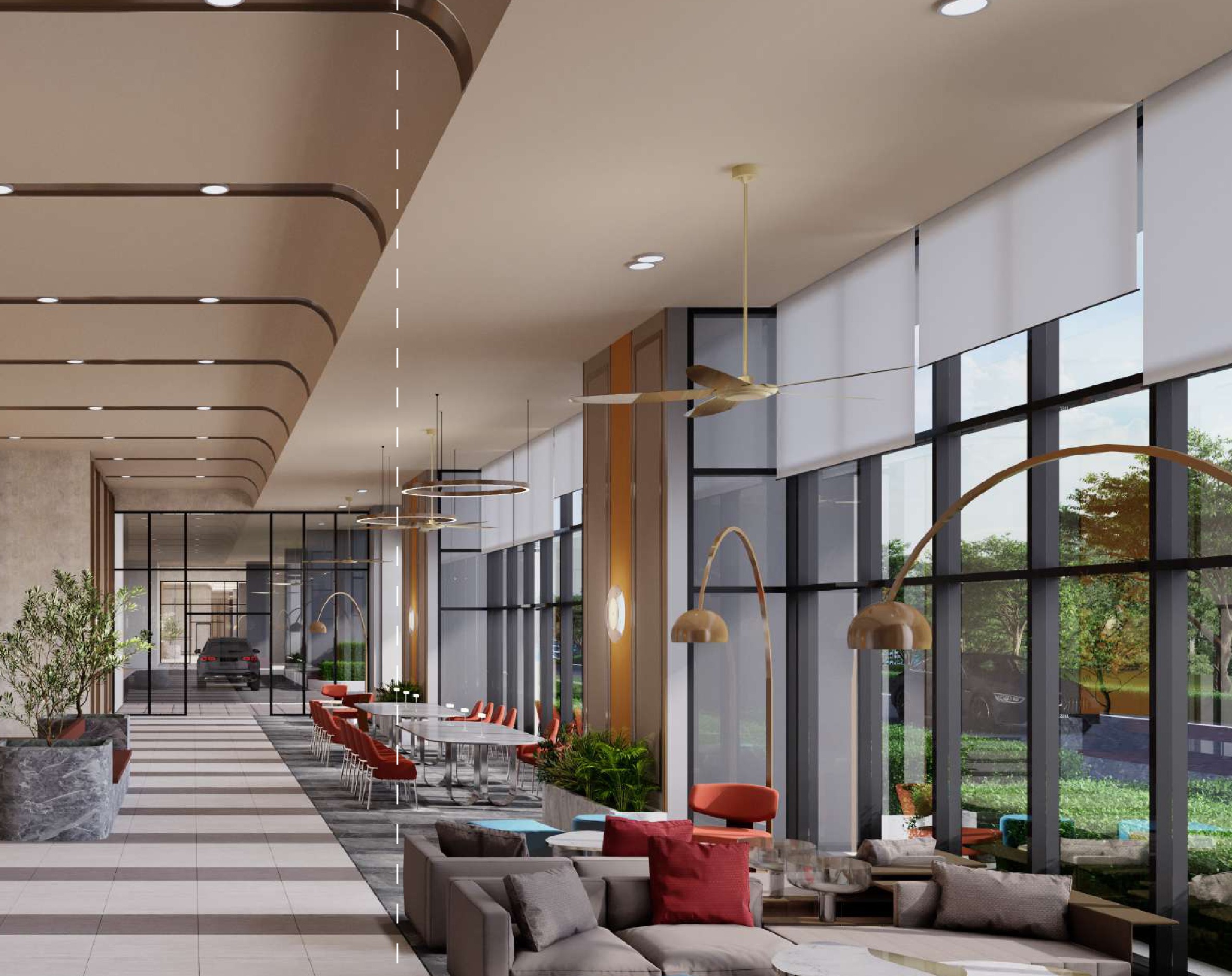 Queen's Lounge — the double-height ground-floor lobby lounge, one to each tower, opening onto the landscaped forecourt