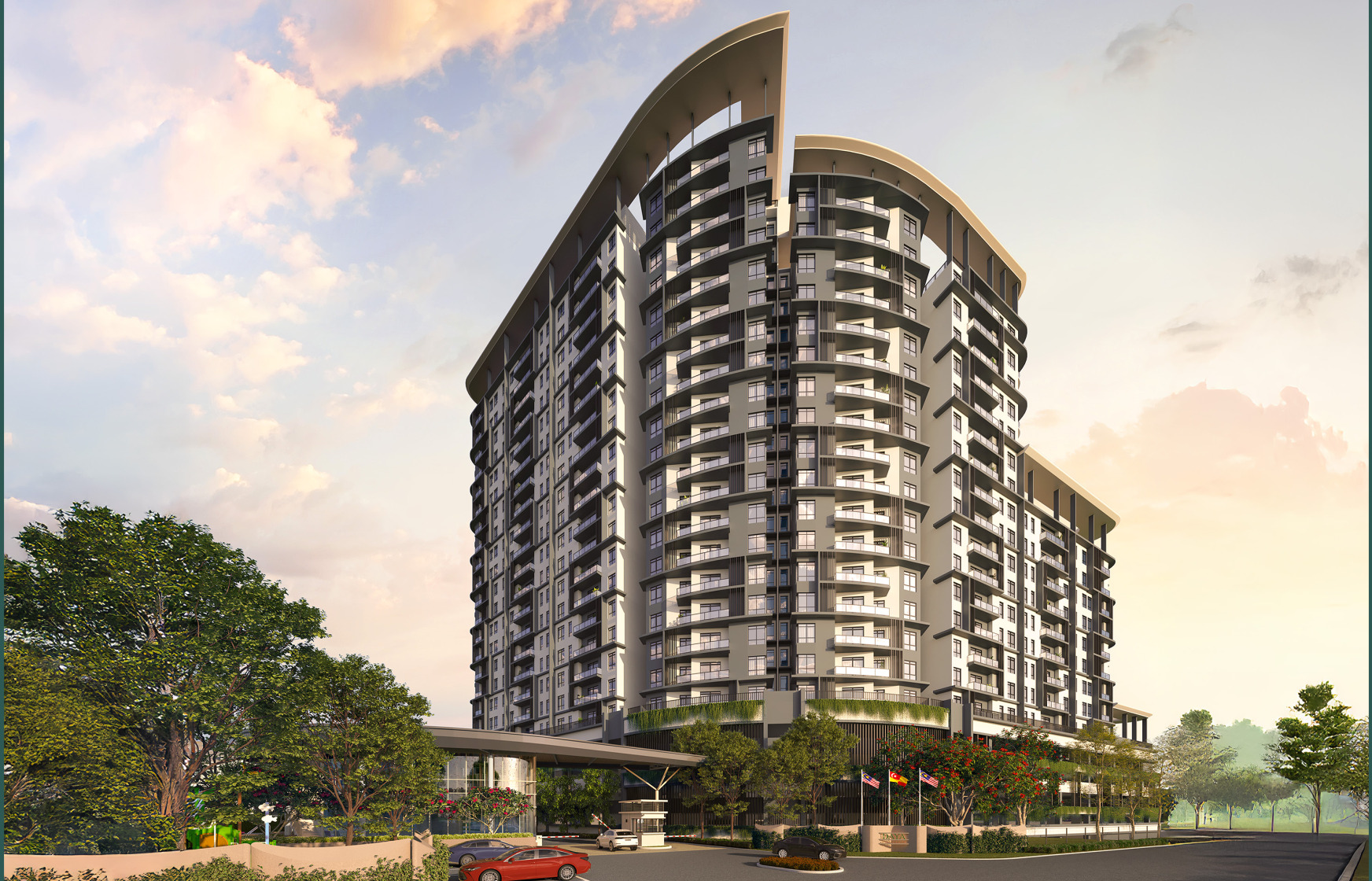 The 24-storey condominium and its arrival porch, seen from the estate road with the guard post and flag court at the entrance