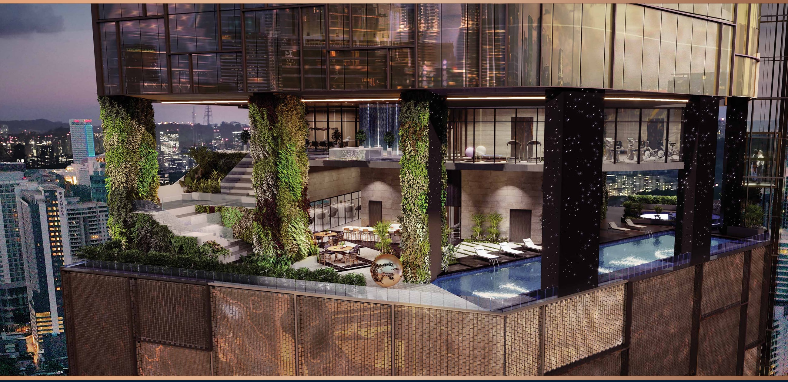 The double-volume cantilever seen from outside — the clubhouse floors pushed out over the podium, pool and terrace garden together