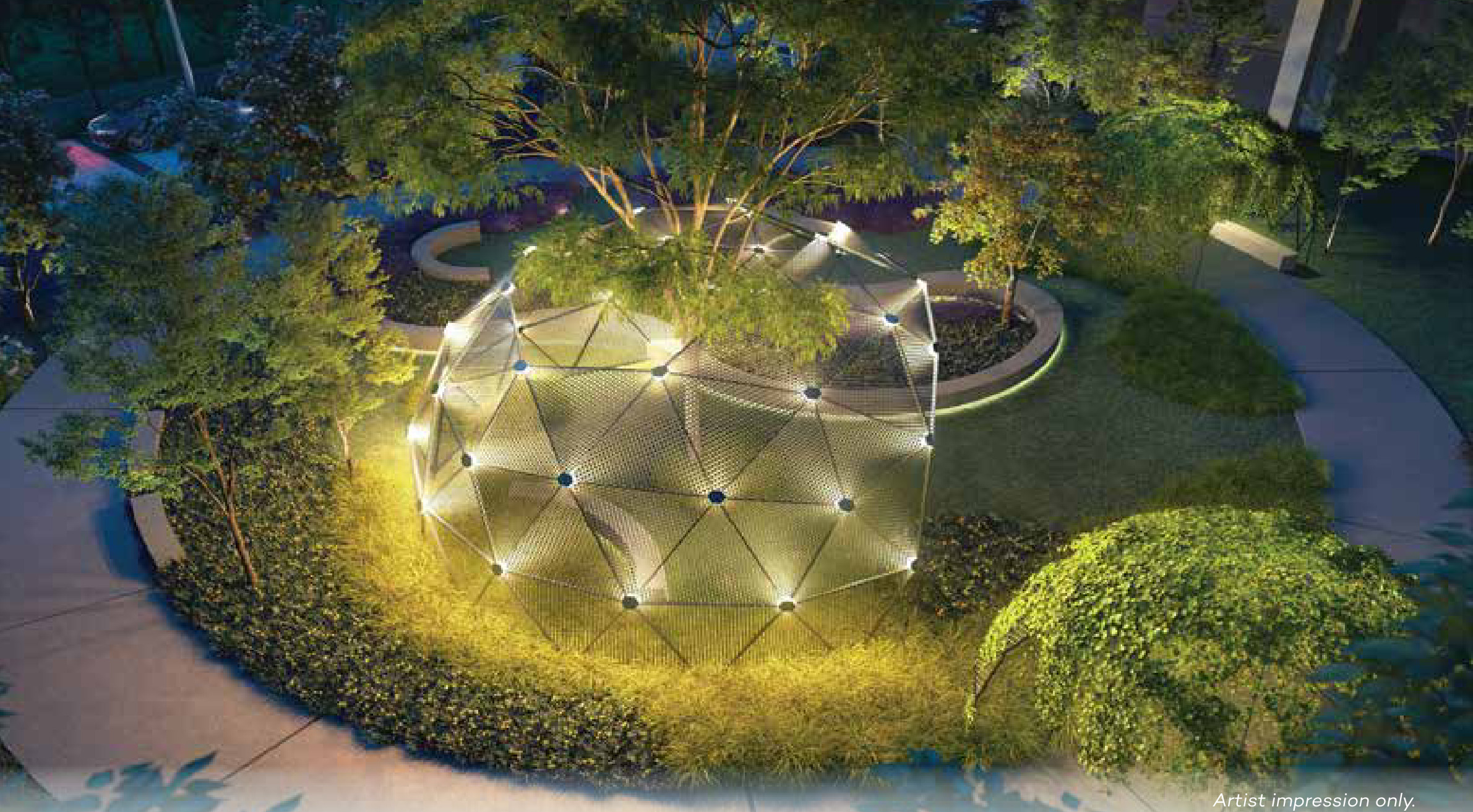 The Green Dome, lit under the trees of the Aurora Garden