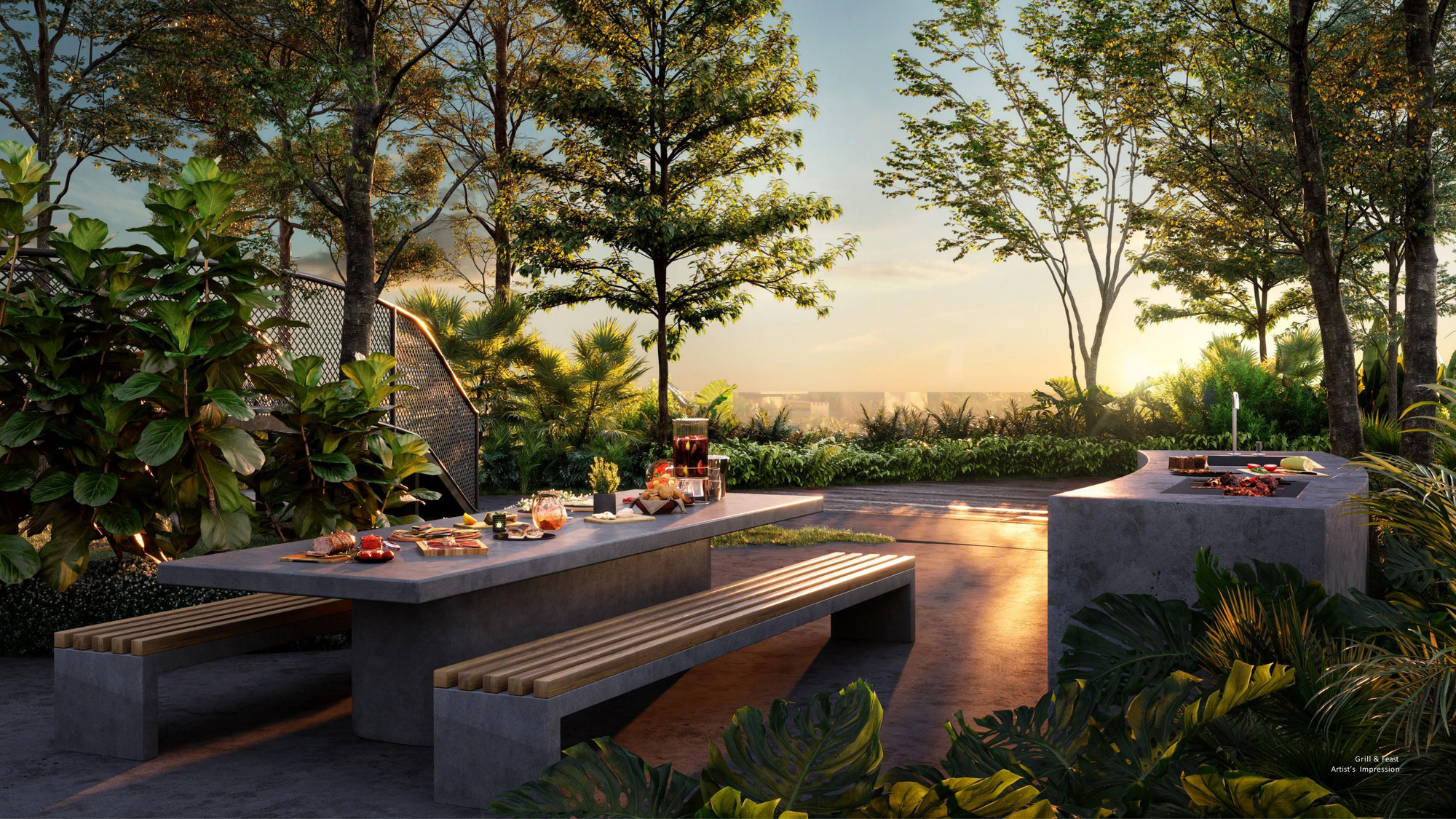 Grill & Feast — the communal table and fire pits, set among the deck's planting