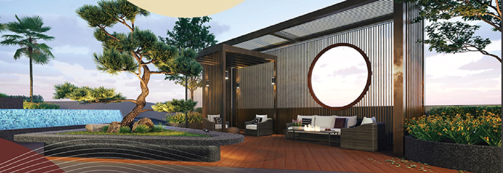 The Japanese-inspired garden deck — moon gate, timber screens and a reflecting pool