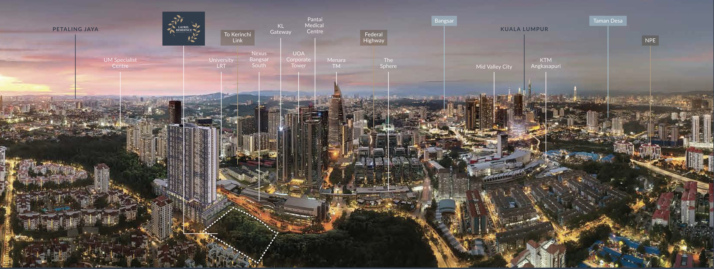 The brochure's view of Bangsar South, with the Laurel Residence site outlined beside the park.