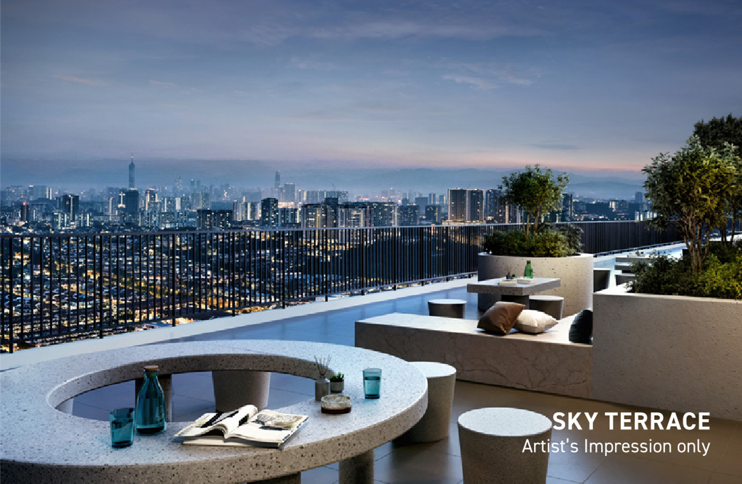 Sky Terrace — curved seating and a fire feature on the upper deck, looking out over the lit city skyline at night