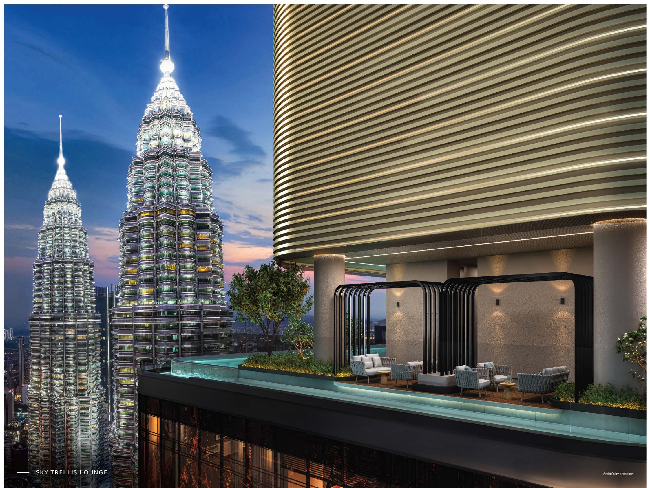 The sky trellis lounge — arched cabanas and planting on the terrace, the Twin Towers directly across