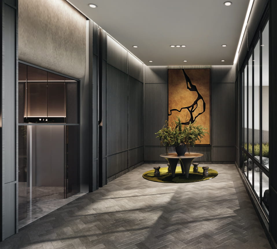 A private lift lobby serves each residential floor