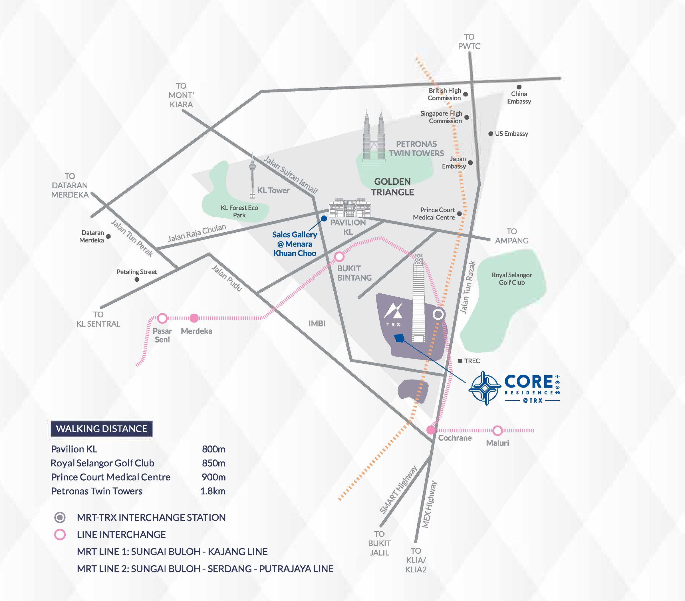 The developer's own location map. It is a guide to the catchment rather than a survey — the blocks are schematic — so use the interactive map below for the plot itself and the measured figures beside it for the distances. The Sales Gallery marker at Menara Khuan Choo is not the development.
