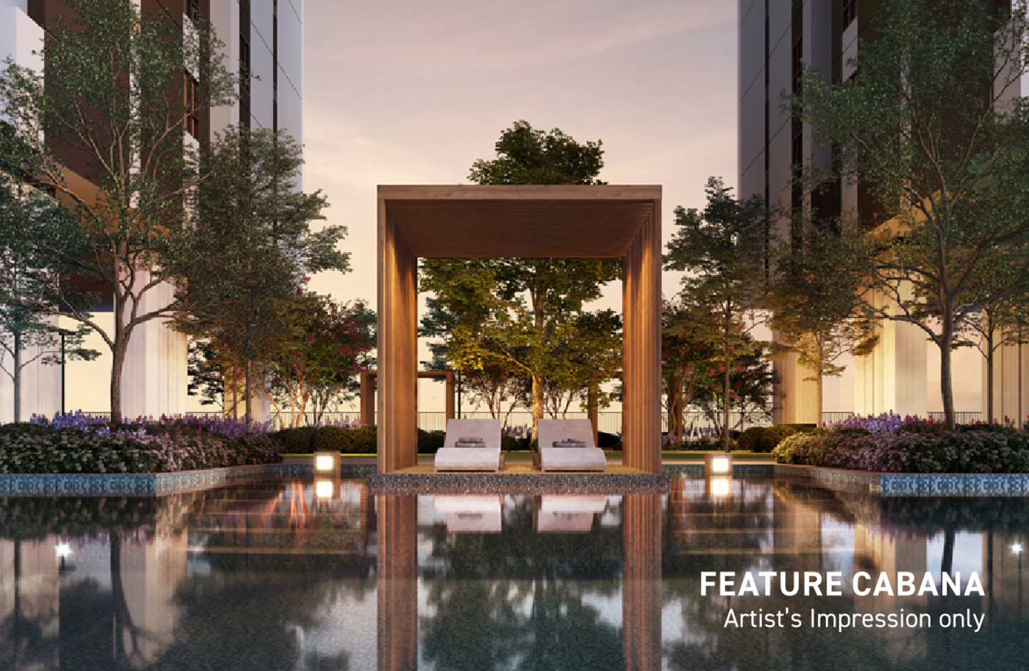 Feature Cabana — a timber-framed pavilion with day beds, set on the water's edge between the two towers and mirrored in the pool below it