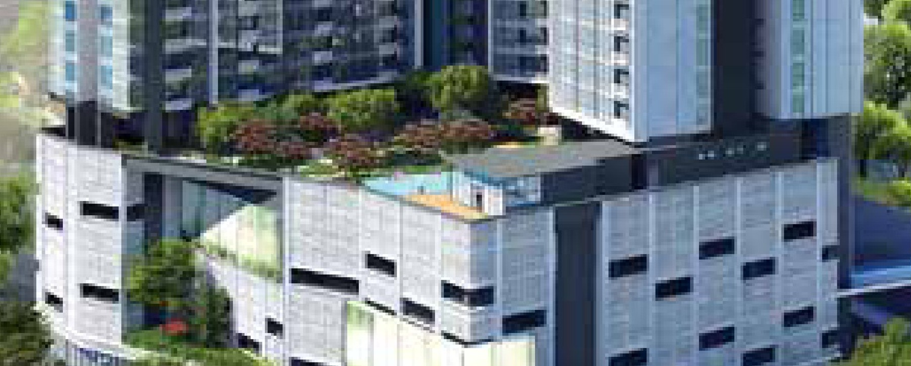 The Level 7 facilities podium as the facade render draws it — the swimming pool set into the deck, planted terraces and mature trees over the car park levels, with the two residential towers rising directly off it