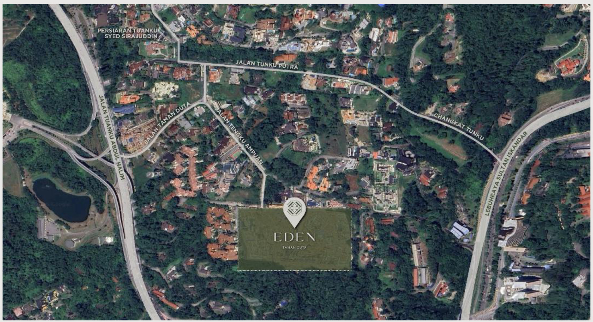 The 12.25-acre site outlined from above, off Jalan Tengku Ampuan, with Jalan Tuanku Abdul Halim to the west and the Lebuhraya Sultan Iskandar to the east.